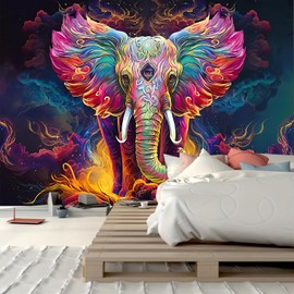FENDROM Psychedelic Elephant Tapestry Trippy Bohemian Indian Watercolor Elephant Wall Art Aesthetic Colorful Cloud Spiritual Wall Hanging Meditation Tapestry for Bedroom Living Room Dorm