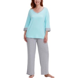 GYS Bamboo Viscose Pajama Sets for Women 2 Piece 3/4 Sleeve V Neck Sleepwear, Aqua, Medium