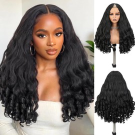 Yaki Curly V Part Wigs Black Loose Wave Wig with Bouncy Curl Ends