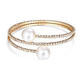 Kicomvi Imitition Pearl Stretch Bracelet Multilayer Crystals Pearl Elastic Bangle for Women Wedding Jewelry 1920s Costume-E gold