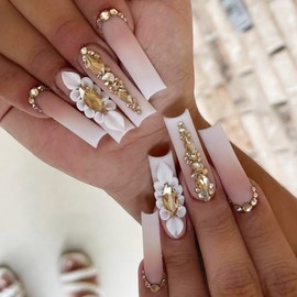 Press on Nails Long Coffin Fake Nails Pink White Ombre False Nails with Gold Rhinestones Designs Glue on Nails Full Cover Matte Acrylic Artificial Nails Luxury Flower Stick on Nails for Women 24 Pcs