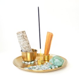 Crystal Multifunction Incense and Candle Holder for Burning Sage, Palo Santo, Incense Sticks - Natural Stone with Metal Plate Ash Catcher for Meditation Room Home Decor Spritual Gifts (Color 1)