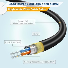 Yunsufiberpro 3ft / 1m Armored OD-5mm OS2 LC to ST Single Mode Fiber Cable, LC-ST Fiber Optic Patch Cord, Duplex 9/125um SMF Optical Jumper, Black