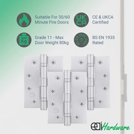 EAI Satin Door Hinges | 4 Inch / 102mm Satin Chrome Internal Fire Door Hinges | 1.5 Pairs