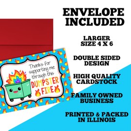 Amanda Creation Thanks For Supporting Me Through This Dumpster Fire Dumpster Pun Single (1) All Occasion Blank Greeting Card To Send To Friends & Family, 4x6 (when folded) Fill In Greeting Note Card