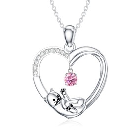 LONAGO Cat Heart Necklace with Synthetic Birthstone Silver Cat Birthstone Necklace Gift for Women (October)