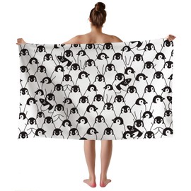 WZOMT Cute Penguin Beach Towel for Kids, Microfiber Black and White Penguin Animal Print Bath Towel, Soft Absorbent Quick-Dry Sand-Free Towels for Travel/Surf/Swim/Pool, Oversized 32x52 Inch