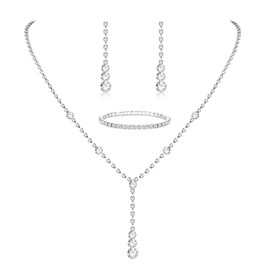 Sanfenly Silver Jewelry Set for Women Rhinestone Crystal Necklace Drop Earrings Link Bangle Bracelet Bridal Wedding Jewelry Sets for Brides Bridemaid Prom Costume Accessories