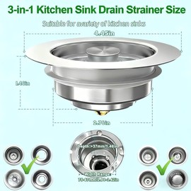 2 Pack 3 in 1 Kitchen Sink Drain Strainer & Sink Stopper, Upgraded Stainless Steel Drain Plug Combo with Anti-Clog Basket, Pop Up Drain Cover for Standard 3-1/2'',Garbage Disposal Parts