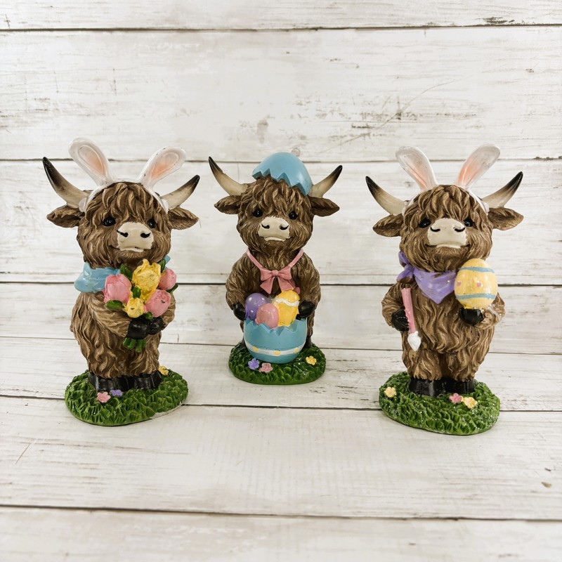 Gerson Easter Decor - Bunny Rabbit Eggs Resin Highland Cow