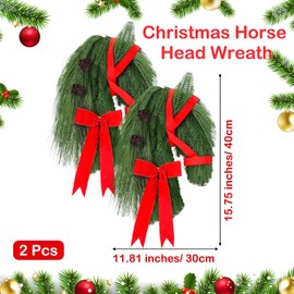 Suncalla 2 Pcs Christmas Horse Head Wreath Artificial Christmas Wreath Green Pine Needles Horsehead Decor with Red Ribbon Pinecone Farmhouse Xmas Garland for Front Door Farmhouse