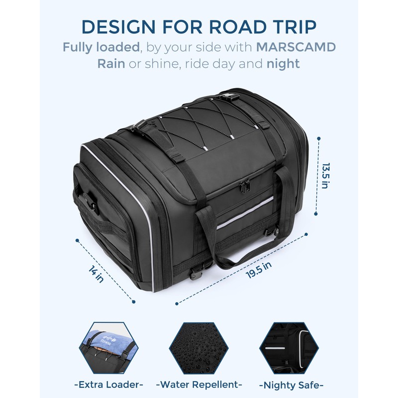 Marscamd Waterproof Motorcycle Tail Luggage Bag, 48L-64L Expandable, a Rain