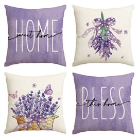 AVOIN colorlife Lavender Home Sweet Home Bless This Home Spring Throw Pillow Covers, 20 x 20 Inch Purple Cushion Case for Sofa Couch Set of 4
