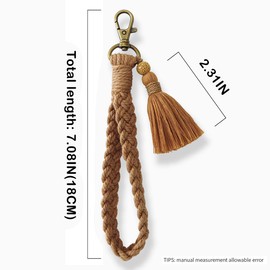 XGALBLA Soft Boho Macrame Keychain Bracelet Handmade Wristlet Keychain with Tassel Lava Rock Lanyard Weave Holder for Women, Coffee, Medium