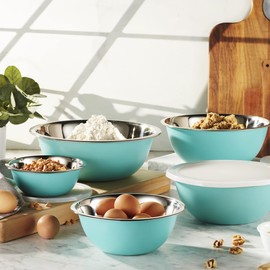 WHYSKO Stainless Steel Mixing Bowls With Lids Set, 5 Sizes Nesting Mixing Bowls for Your Kitchen Meal Prep, Cooking, Baking, and Food Storage (Blue Bowls - With White Lids)