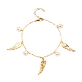 Pearl Angel Wings Anklet Bracelet Boho Faux Pearl Anklet Beads Summer Beach Foot Chain Jewelry for Women Girls (Gold)