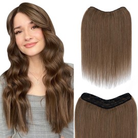 S-noilite Brown Real Human Hair One Piece Clip in Hair Extensions 3/4 Full Head Clip on Remy Hair Extensions for Women Silky Straight V Shaped Weft Invisible Clip in Hair Extensions(16",Light Brown)