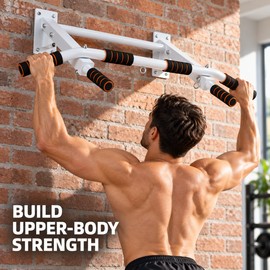 Wall Mounted Multi-Grip Pull Up and Dip Station with Adjustable Height, Padded Backrest and Arm Supports