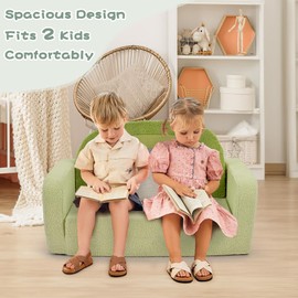 Foryoomi Extra Wide Kids Couch, 2-in-1 Soft Toddler Couch with Blanket, Comfy Toddler Chair, Convertible Sofa with Cute Colorful Rainbow Design, Green