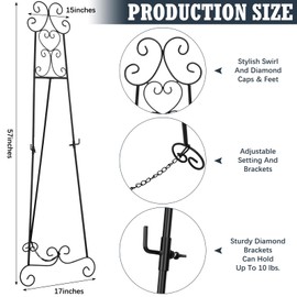 GlikCeil 17 x 15 x 57 Inches Metal Scroll Easel Stand for Display Wedding Sign Poster Adjustable Portable Art Easels Poster Easel with Chain Support for Painting Coffee Shop Exhibition Canvas(Black)