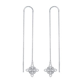 S925 Threader Earrings Sterling Silver Celtic Witches Knot Dangle Drop Long Chain Earring for Women Thread Earrings (Threader)