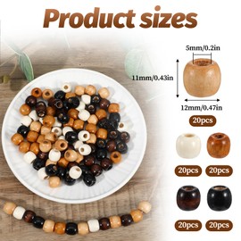 100 Pcs Hair Bead Large Hole Wooden Beads Brown Wood Loose Beads Vintage Round Natural Wood 5 Colors 11x12mm Dreadlock Hair Braid Beads for Rosary Necklace Bracelet DIY Crafts