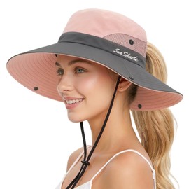 DQST Sombrero de Sol para Mujer y Hombre, Protección UV UPF 50+ ala Ancha 9 cm, Abertura para Coleta, Ajustable 52-56 cm, Plegable, Ideal para Playa, Pesca, y Actividades al Aire Libre