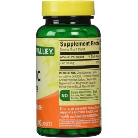 ZINC 50 mg Spring Valley - Suplento de Alta Potencia para Refuerzo Inmunológico - Salud de la Piel y Metabolismo -200 Tabletas