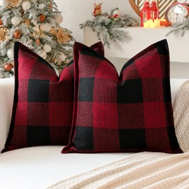 Sungeek Buffalo Check Plaid Cushion Covers 50 x 50 Set of 2 Linen Christmas Tartan Decorative Square Pillow Covers with Stitched Edge for Sofa Couch Bed Living Room 20x20 Inch (Black and Red)