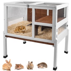 2-Story Guinea Pig Cage with Stand, Indoor Wooden Hamster Cage with Ramp, Pull-Out Tray, Hideout & Platform, Acrylic Transparent Small Animal Habitat for Chinchillas, Ferrets, Hedgehogs, Walnut