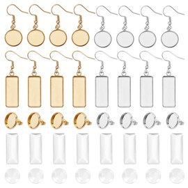 GOMAKERER Pack of 120 4 Styles Stainless Steel Earring Edging Hooks, Rectangular and Round Settings for Dangling Earrings with Glass Cabochons, Blanks for Earring Settings for DIY Beginners