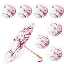Dunzy 8 Pcs Oiled Paper Umbrella Chinese Japanese Classical Plum Blossom Paper Umbrella Parasol Art Dance Umbrella for Wedding Decor(22 x 15 Inch)
