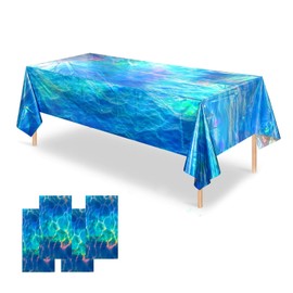 OQOQ Ocean Wave Iridescent Tablecloth(4 Packs) - 108x54 Inches Reflective Blue Plastic Tablecloth Disposable Table Cover Supplies for Boys Birthday Beach Theme Pool Party Summer Party Decorations