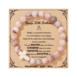 JoycuFF 30th Birthday Gifts for Her Milestone Bracelets 30 Year Old Birthday Gifts for Women Friends Mom Daughter Granddaughter Aunt Inspirational 30th Birthday Card Pink Zebra Jasper