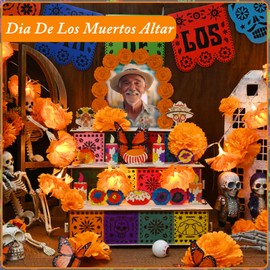 Dia De Los Muertos Altar Ofrenda, Wooden Day of The Dead Altar with Photo Frame, Altar De Muertos, Ofrenda Decorations included Altar Supplies Colorful Banner Light 20 Marigold Flowers 12 Butterflies