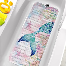 KINUUIS Bathtub Mats for Kids, Pink Mermaid Bath Mat for Tub Non Slip, 40 X 16 Inch Large Washable Bathtub Mat Non Slip for Showers with Drain Holes and Suction Cups