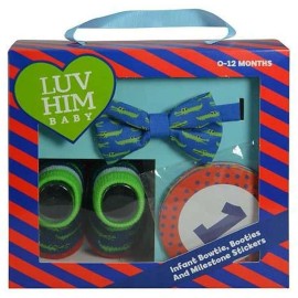 LUV HIM Infant Baby Boy Monthly Milestone Belly Stickers, Bow Tie and Bootie Set. Gift.