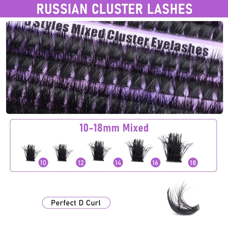Russian Cluster Lashes,80D+100D+180D Individual Eyelashes D Curl Cluster Lashes,Fluffy 10-18mm