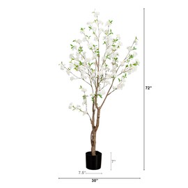Nearly Natural 6ft Deluxe Cherry Blossom Artificial Tree, Lifelike Faux Flowers with Bendable Branches, Realistic Trunk, Includes Nursery Planter, Ideal for Home Decor, Indoor Use - White Blossoms