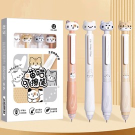 MOZXIRZ 4 Pcs Cute Cat Erasable Pens Retractable Pens Erasable Gel Ink Pen Cartoon Kawaii 0.5mm Point Blue Ink Pen Writing Pen for Women Girls Boys Men Office School Supplies (Cat-Blue Ink)