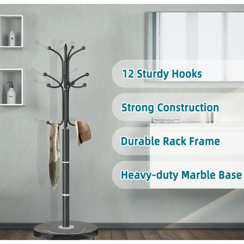 OIRUMIE Coat Rack with Natural Marble Base, Metal Coat Racks