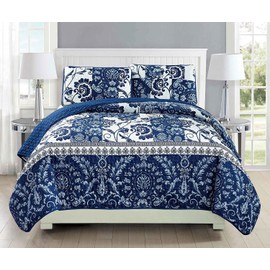 Linen Plus Twin/Twin Extra Long 2pc Quilted Bedspread Set Oversized Coverlet Floral Navy Blue White New