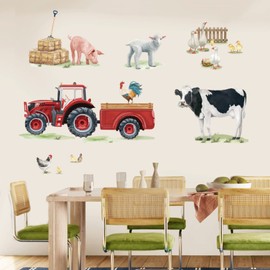 wondever Farm Animals Cow Wall Stickers Red Truck Roosters Peel and Stick Wall Art Decals for Kitchen Living Room Kids Room