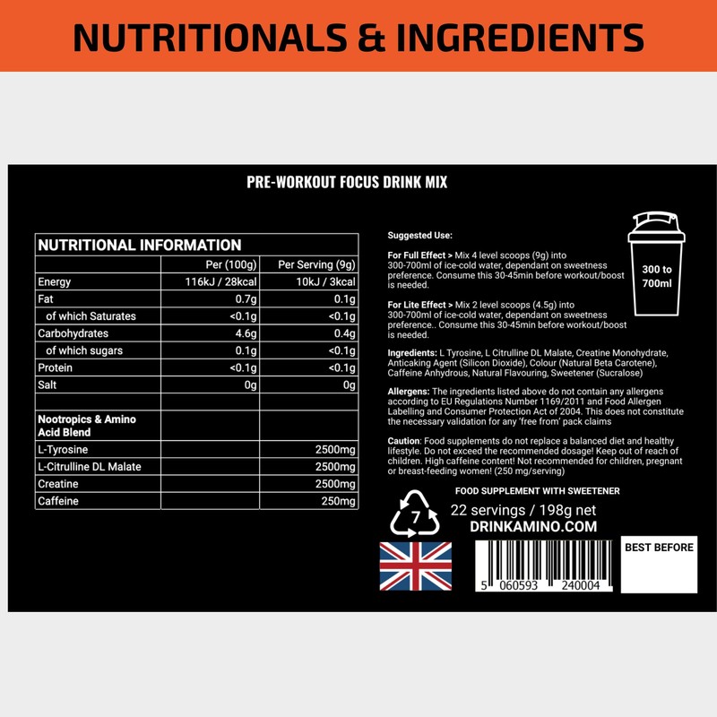 Amino Focus - Pre Workout Powder - 8000mg Nootropics with