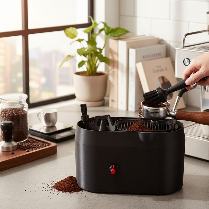 AVEQUZL Coffee Portafilter Cleaning Box with Integrated Brush and Scraper