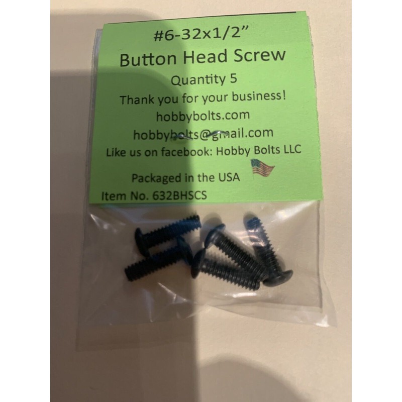 Hobby Bolts 6-32x1/2” Button Head Hex Drive Screw. Qty:3 Packs