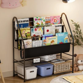 aboxoo Kids Bookshelf Freestanding Bookcase for Children Room, 32 in Book Shelves with 4 Deep Pockets Toy Organizer Large Stable Book Unit Storage for Bookstore Library Living Room,Black