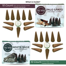TRUMIRI Incense Cones - Combo Pack of 20 Cone Incense - 10 Palo Santo + 10 White Sage - Insence Cones - Incense Cones Scented - Cone Incense Scents - Insense Cones - Incent Cone