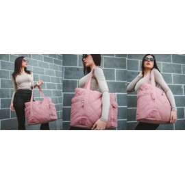 Caistre Tote Bag for Women Puffy Quilted Handbag Lattice Nylon Shoulder Bag Zip Bilateral Diamond Large Travel Work Gym