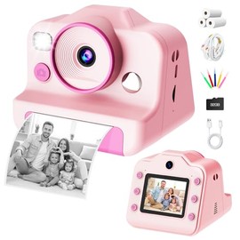 Cámara Instantánea para Niños, Video HD 1080pImpresión sin Tinta, Tarjeta SD de 32 GB; 3 Rollos de Papel; Regalo niños de 6 a 12 años Rosa
